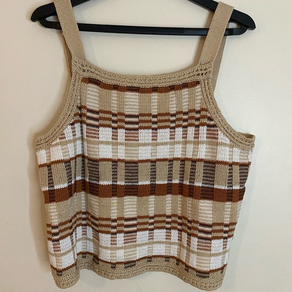 Banana Republic Cotton Beige and Brown Checkered Crochet Knit Top size XL - Picture 2 of 10